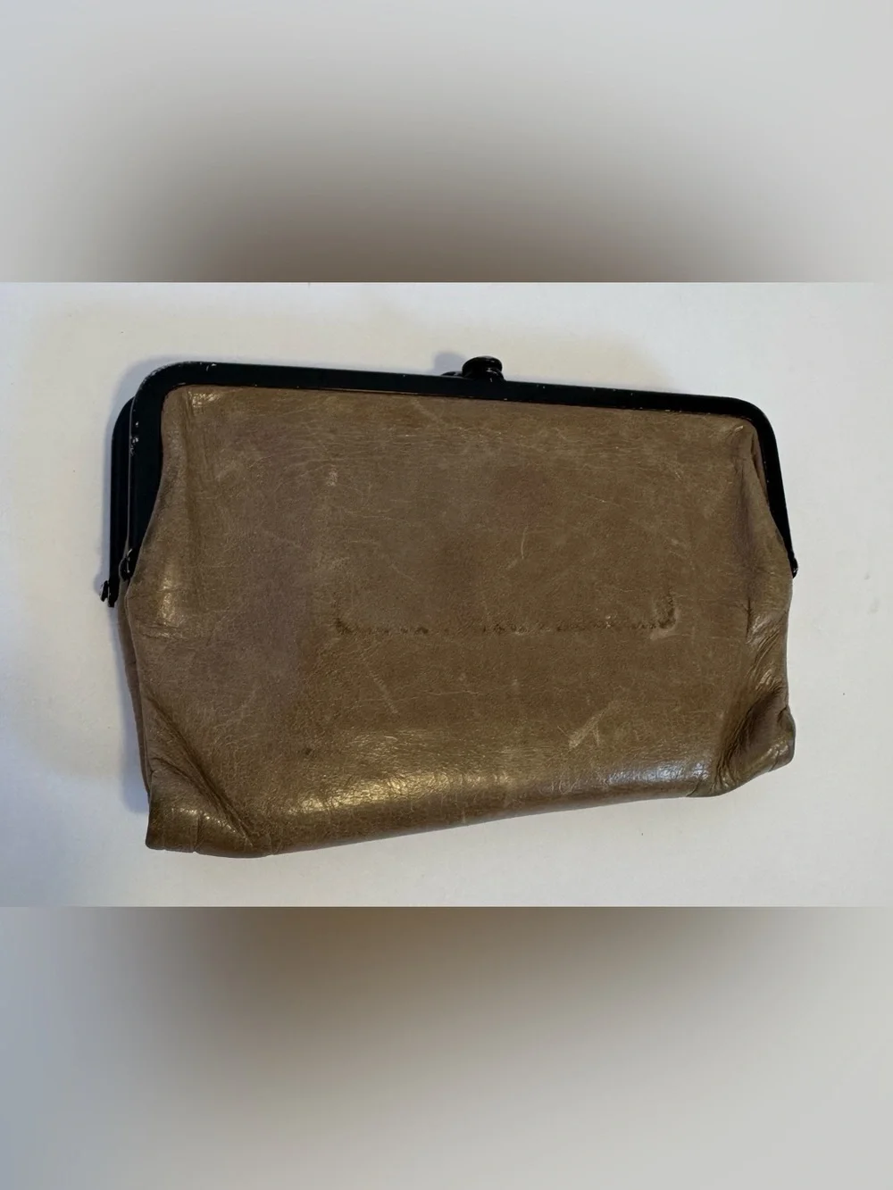 HOBO Lauren Leather Clutch Wallet Double Kiss Lock Vintage Patina Taupe